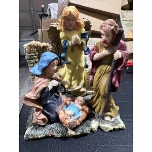 Christmas Nativity Figurine Jesus Religious Manger Mary Joseph Angel Resin Vtg